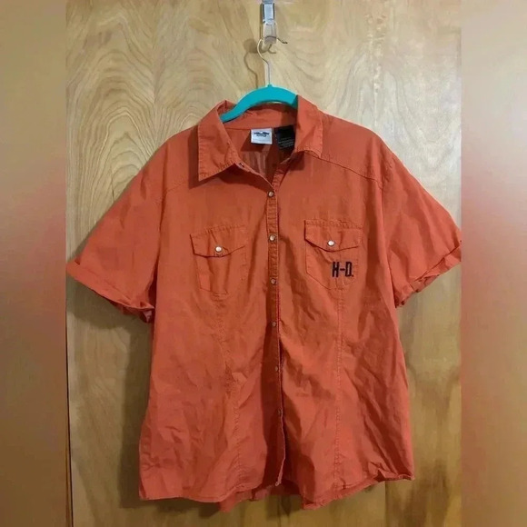 Harley Davidson Garage Shirt Pearl Snap Orange Size 1W EUC - Picture 2 of 12